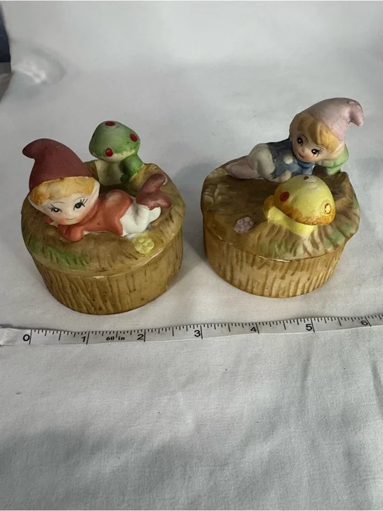 Vintage Homco Pixie Mushroom Trinket Boxes Set of 2 Ceramic Woodland Elf - Picture 9 of 9